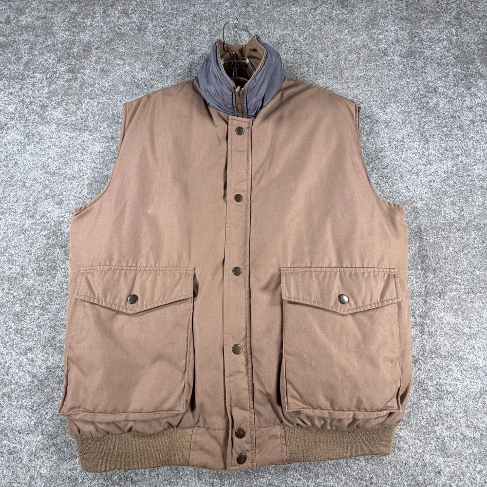 Outdoor Exchange Reversible Down Vest Mens Large Brown Blue Mock Neck Full‎ Zip